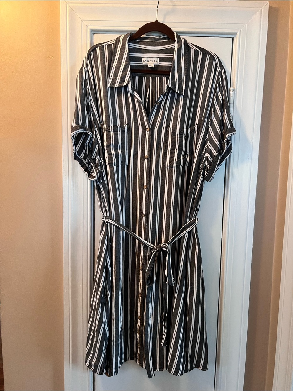 Ava & Viv Grey and White Striped Midi Shirt Dress with Tie Waist